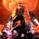 Duke Nukem stands on top of a pile of bodies and fires at unseen enemies using two large guns.